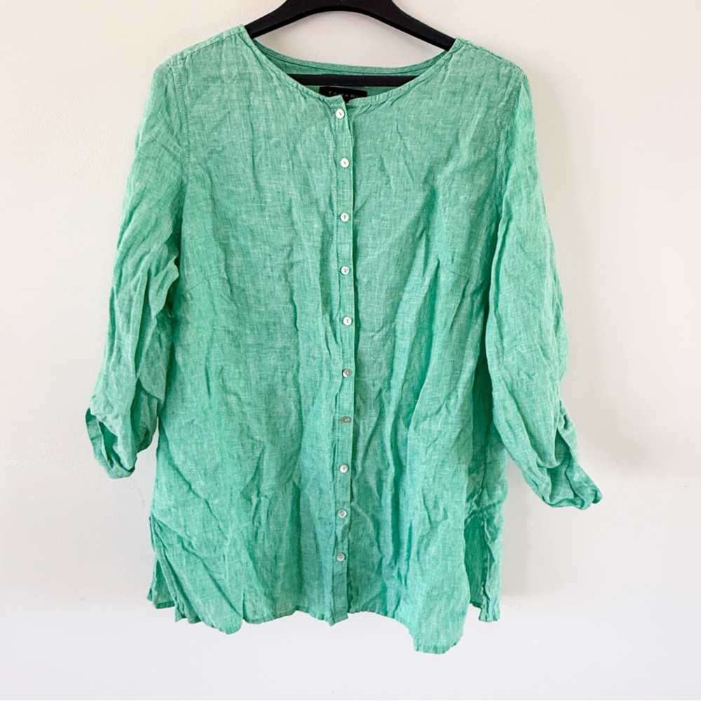 Tahari Women 100% Linen Button Down Top 1X Coastal Beach Modest Casual Resort